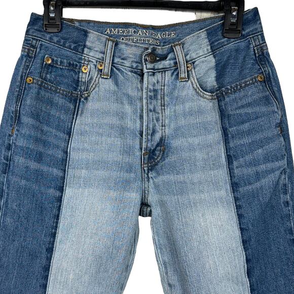 American Eagle SZ 6 Vintage Hi-Rise Cropped Jeans Button-Fly Two-Tone Chewed Hem - Picture 2 of 11